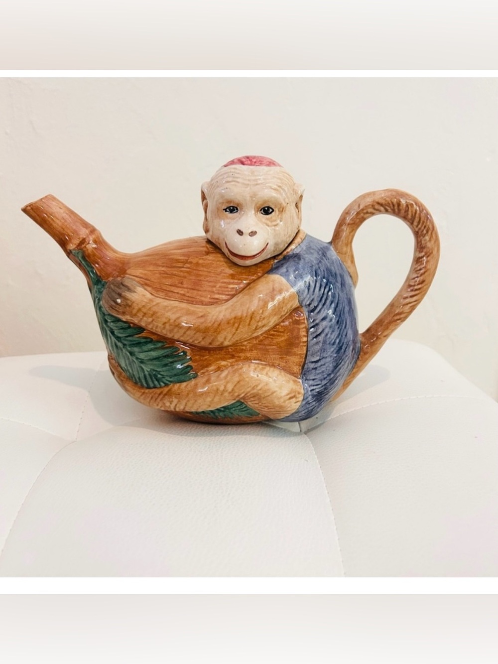 Vintage  Italian Majolica Monkey Hugging A Coconut Teapot